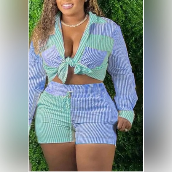 GREEN/BLUE COLORBLOCK STRIPED PRINT SHIRT DRAWSTRING SHORTS SET - Picture 3 of 11